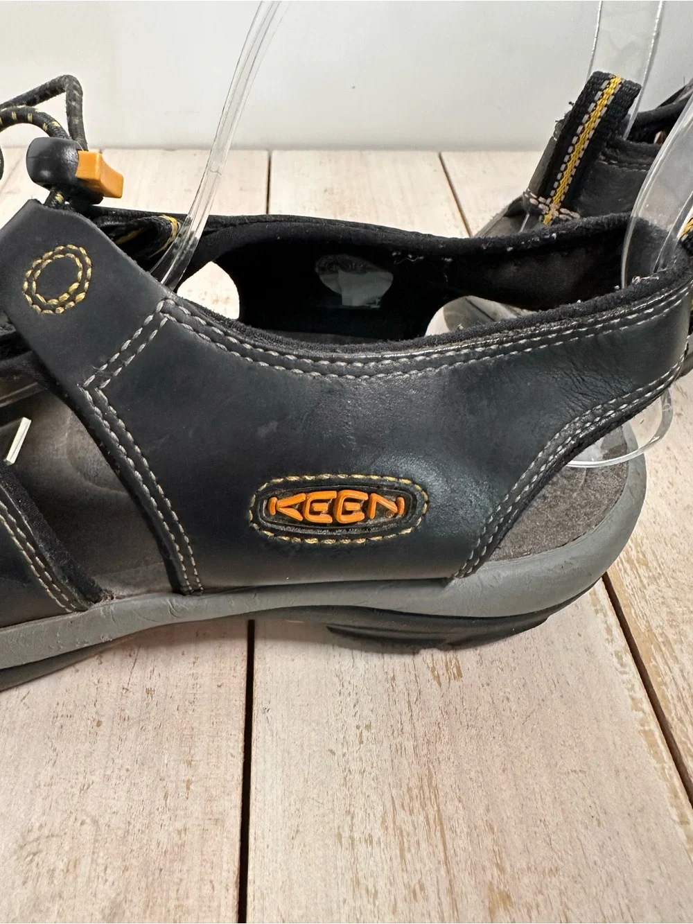 Keen Men’s Newport H2 Black leather Sandals W/Yellow Stitching protected toe cap